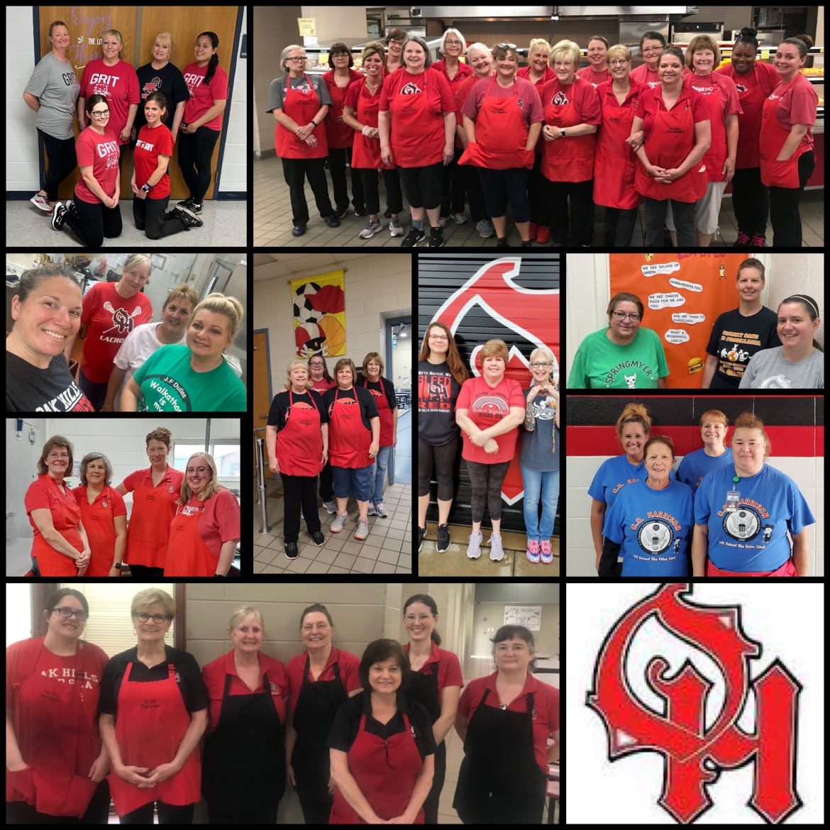 4 female food service employees in red aprons